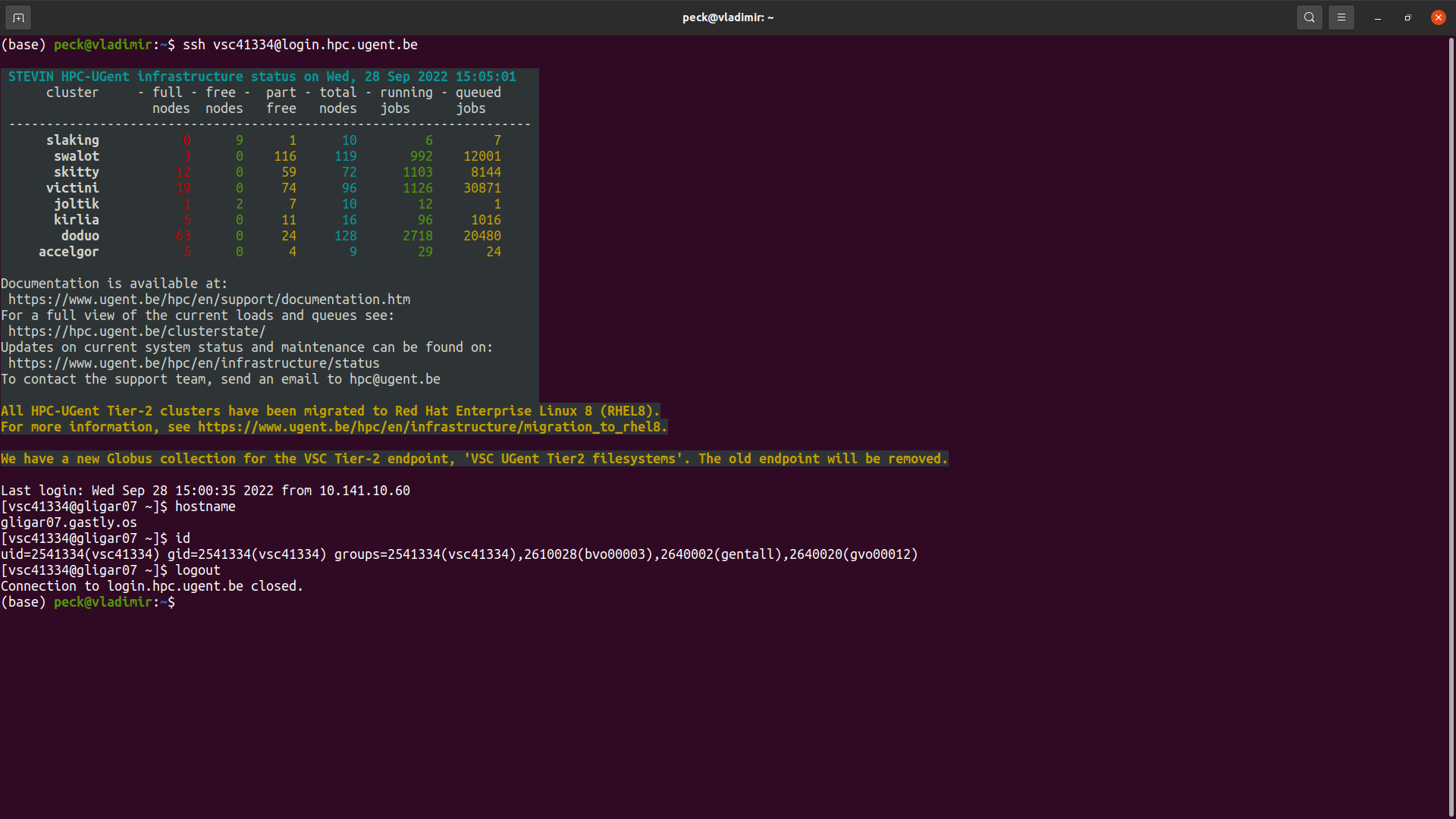 Example session in which an SSH connection is set up to HPC-UGent. SSH allows you to get remote access to a Linux shell on another computer, in which you can work as if it were your local computer.