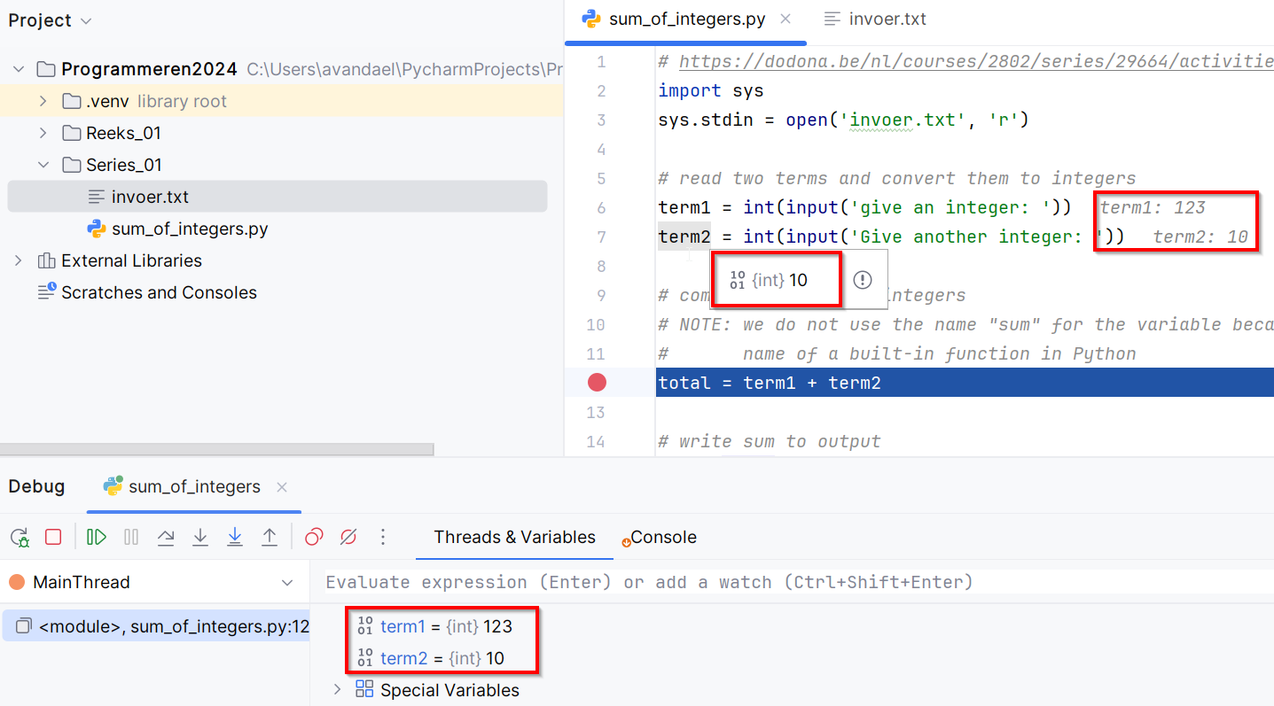The current state of each variable as shown by the debugger.
