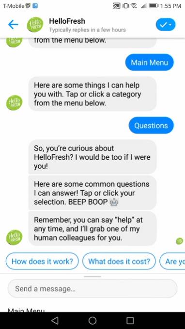 A chatbot conversation on a phone: the bot offers a menu of common questions