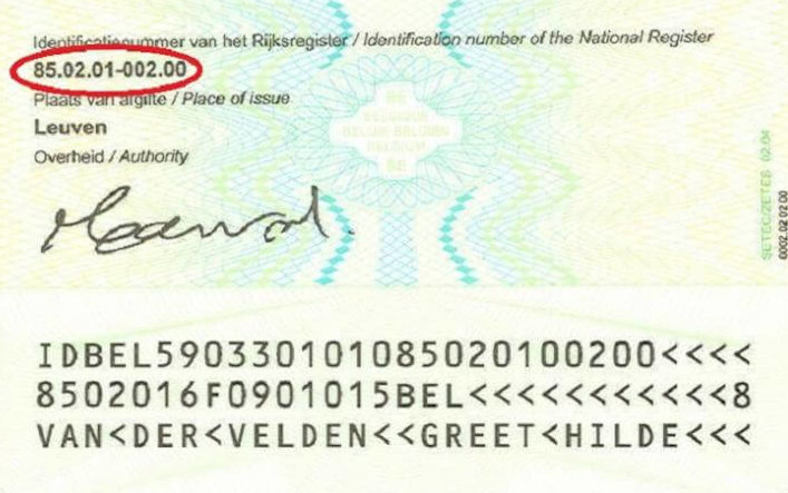 Een voorbeeld van een rijksregisternummer. Een voorbeeld van een rijksregisternummer.