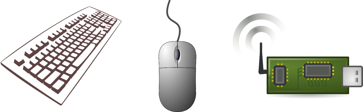 Pictures of a mouse, keyboard, and some kind of USB stick with a sensor on it.