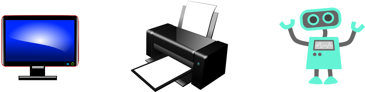 Pictures of a monitor, printer, and a robot.