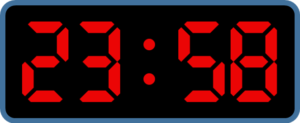 Een digitale wekker die de tijd weergeeft als een 24-uursklok en die momenteel is ingesteld op 23:58.