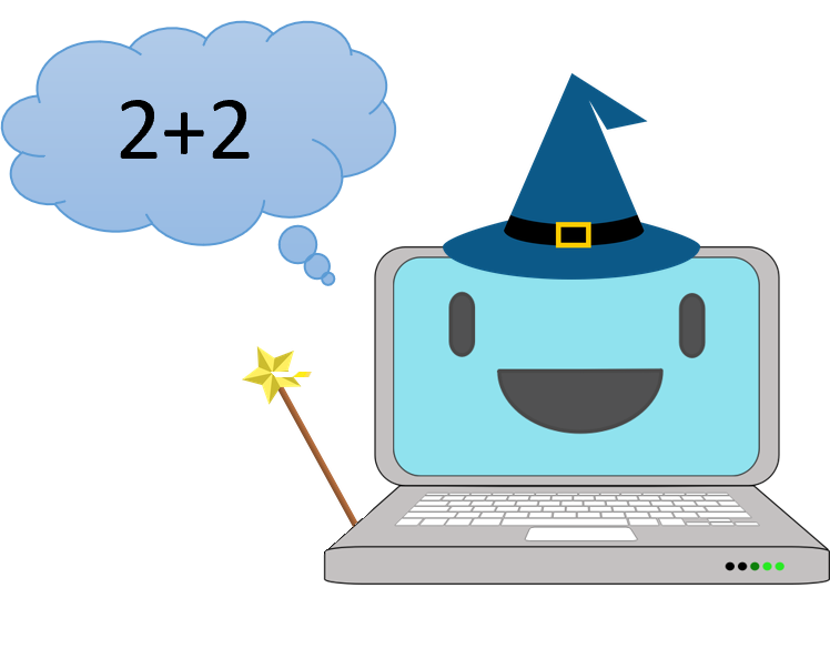 A laptop wearing a wizard hat, thinking about 2+2