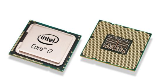 An Intel Core i7 CPU chip, front and back