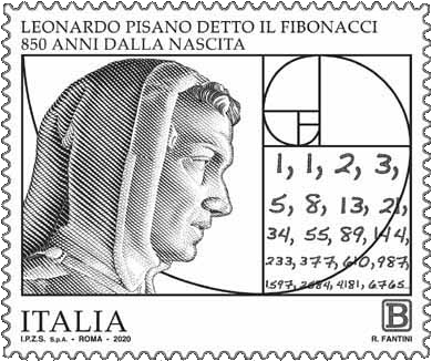 Een Italiaanse postzegel met een tekening van Fibonnaci. Een Italiaanse postzegel met een tekening van Fibonnaci.