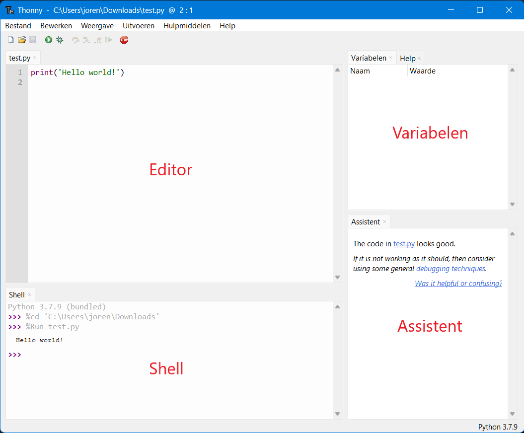 De editor, shell, variabelen en assistent in Thonny.