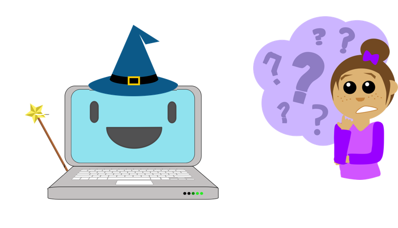 Picture of a human looking confused, while a computer wearing a wizard hat looks happy.