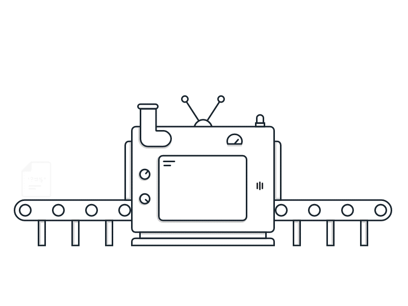 Animatie van een machine waar iets ingestoken wordt en er iets anders uit komt nadat het verwerkt is
