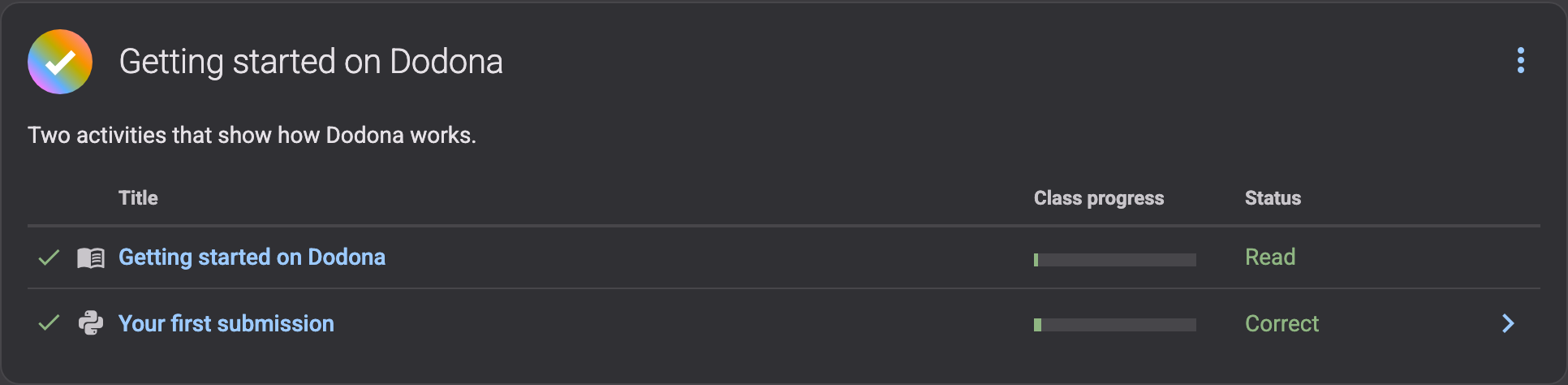 A series containing a reading activity and an exercise, with status icons