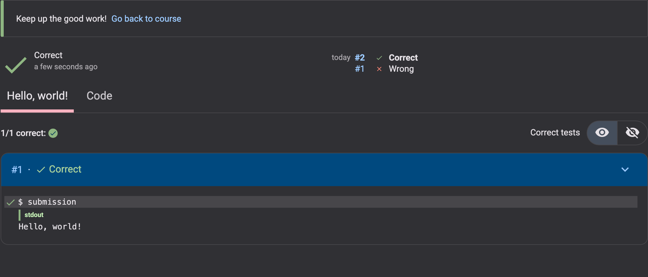 Feedback of a correct submission: a green Correct and one passing test
