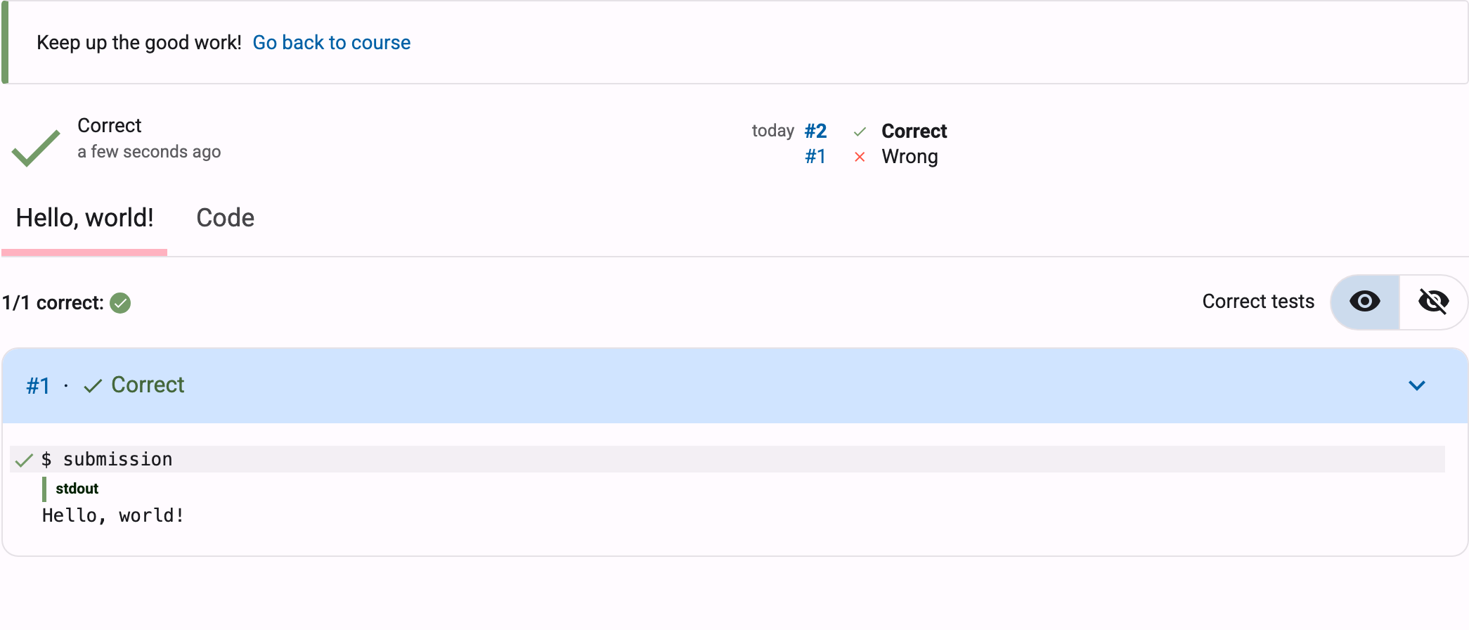 Feedback of a correct submission: a green Correct and one passing test