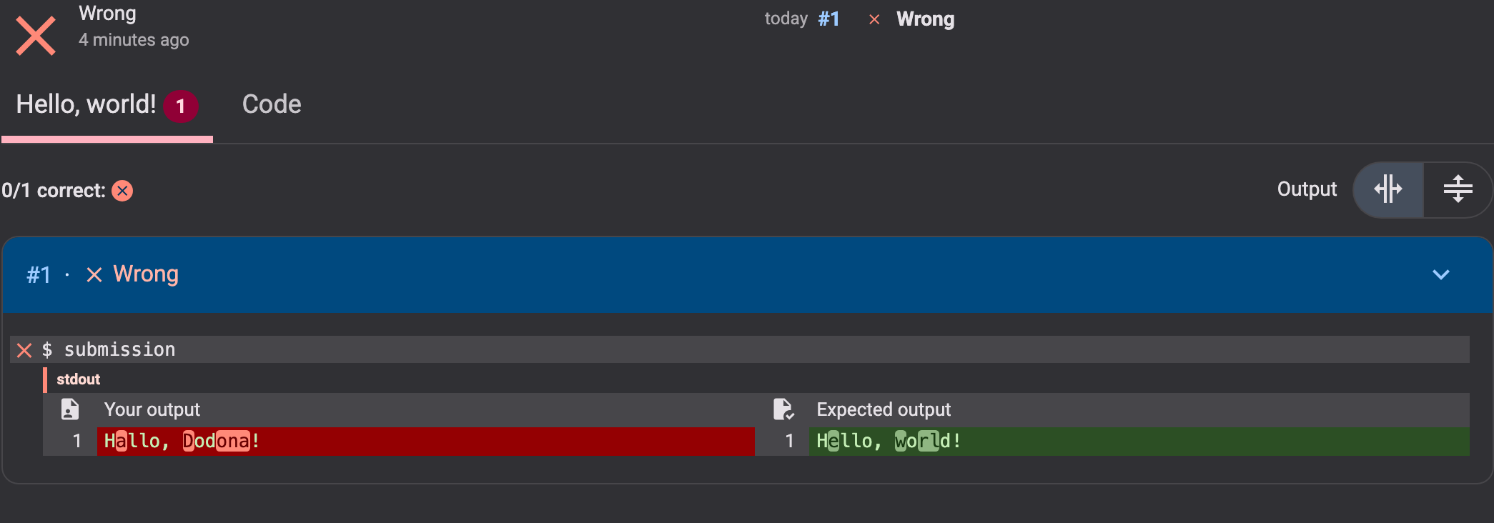 Feedback of a wrong submission, with your output next to the expected output