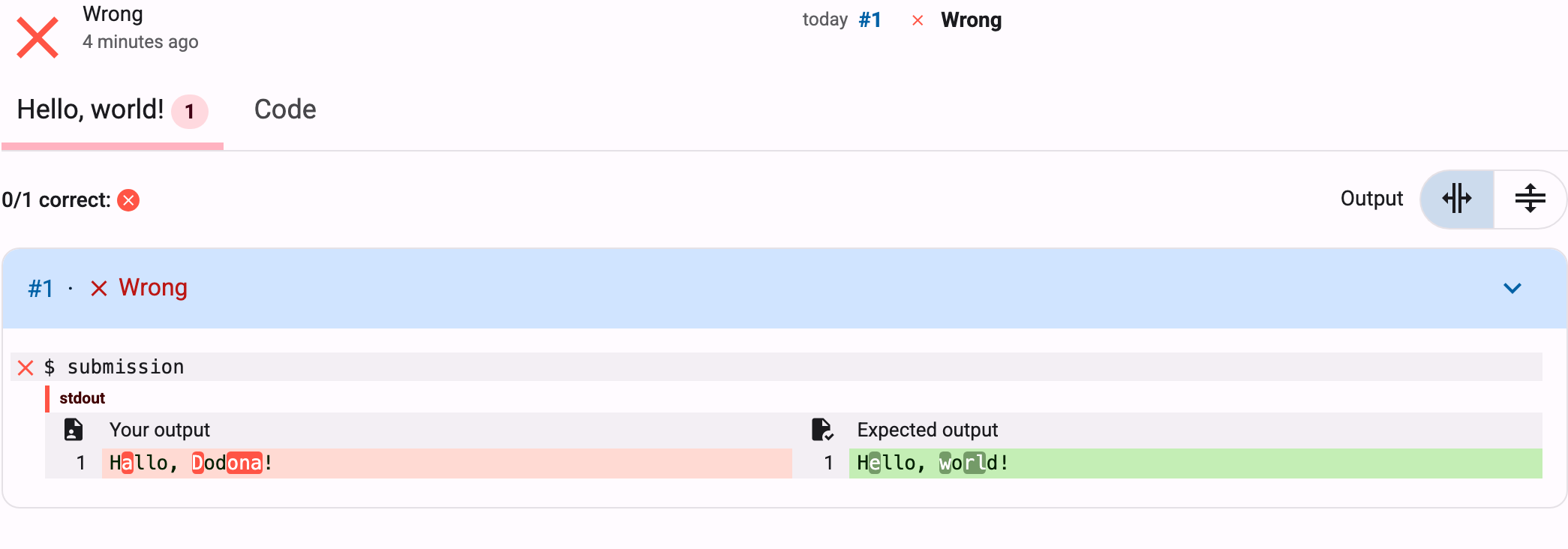 Feedback of a wrong submission, with your output next to the expected output
