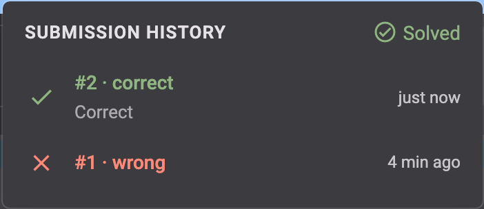 The submission history, with a wrong and a correct submission