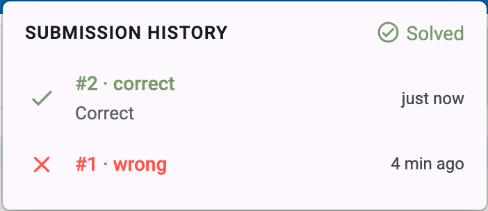 The submission history, with a wrong and a correct submission