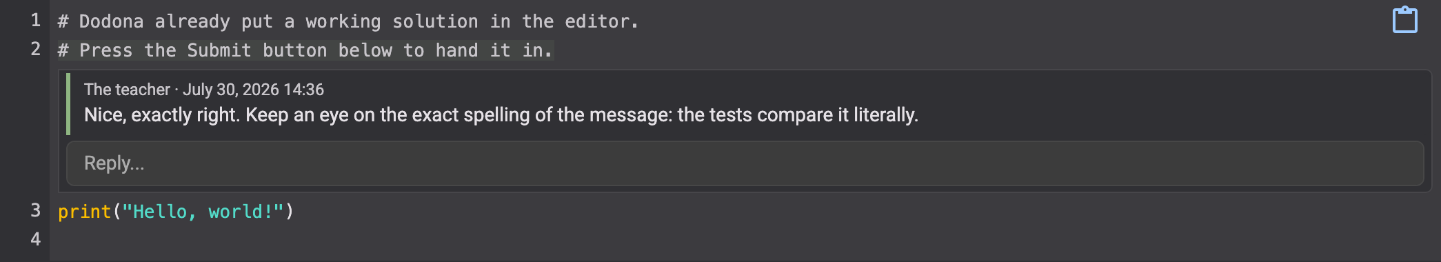 A comment from the teacher attached to a line of code