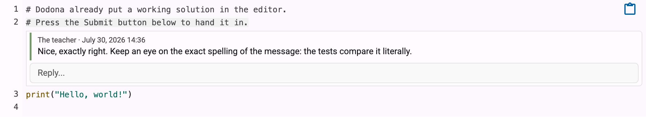 A comment from the teacher attached to a line of code