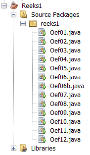 overzicht van project 'Reeks1' in NetBeans