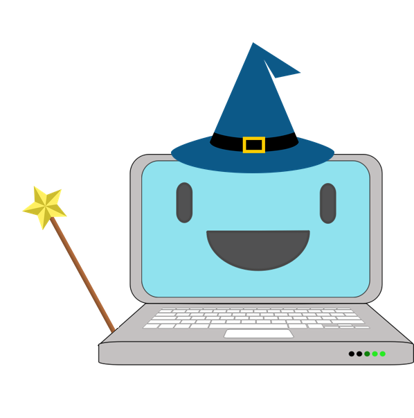 Adorable computer wearing a wizard hat and holding a magic wand, to show that computers only seem like magic.