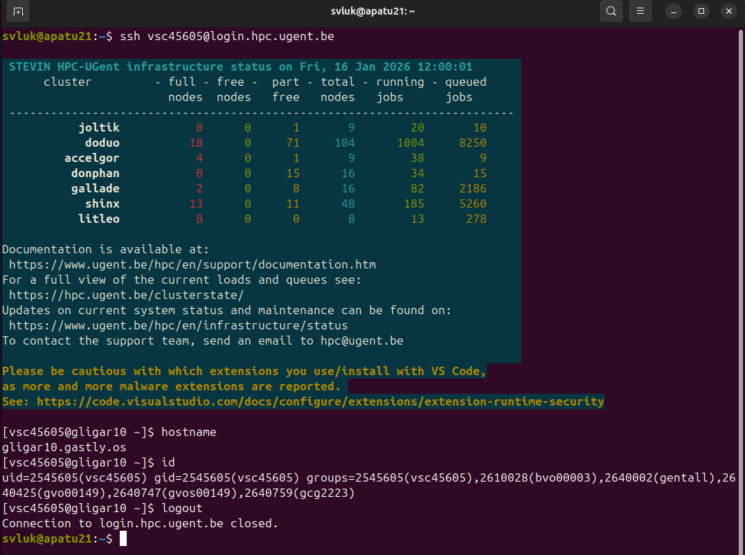 Example session in which an SSH connection is set up to HPC-UGent. SSH allows you to get remote access to a Linux shell on another computer, in which you can work as if it were your local computer.