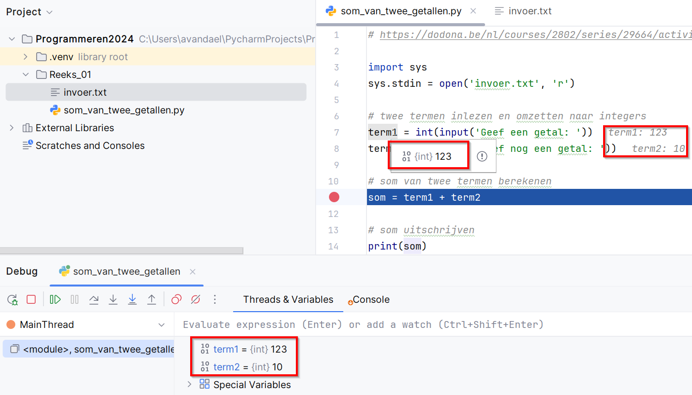 De huidige state van elk variabele zoals zichtbaar in de debugger.