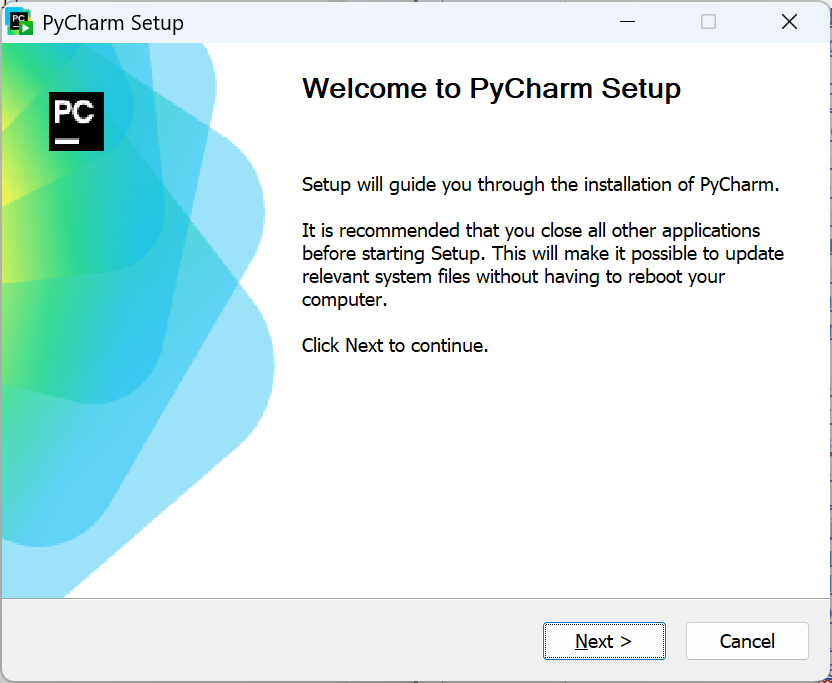 Verwelkomingsscherm van de PyCharm Setup