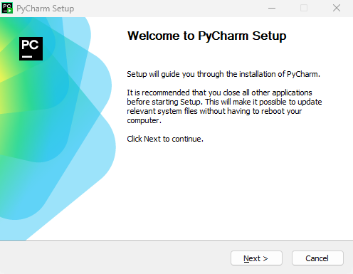 Verwelkomingsscherm van de PyCharm Setup