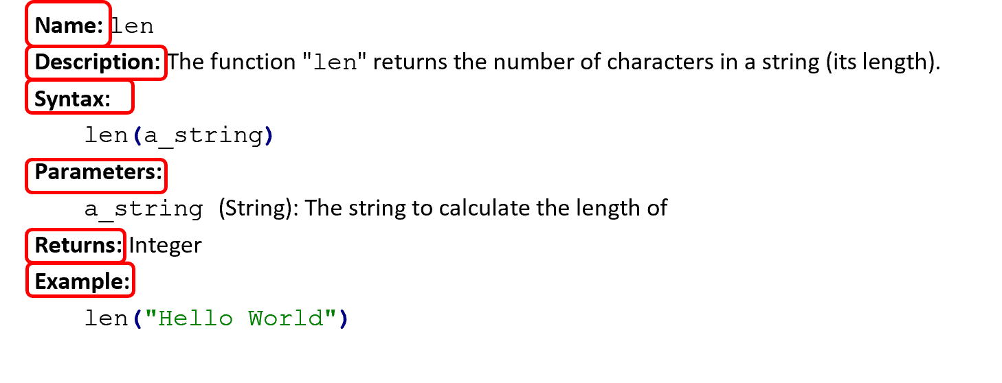 The same documentation as before, with the following parts circled: Name, Description, Syntax, Parameters, Returns, Example.
