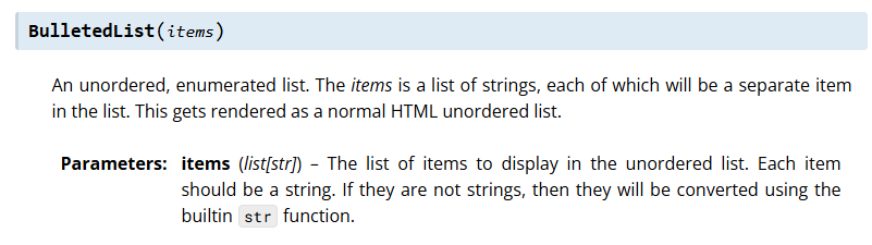A screenshot of the official Drafter documentation for the Bulleted List component, which takes a list of strings and renders them with bullet points.