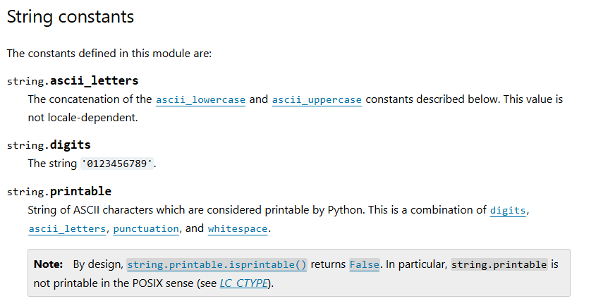 A screenshot of the official Python documentation for the `printable` variable