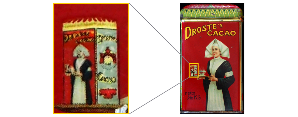 A tin of Droste cocoa, whose label shows a nurse carrying a tin with the same picture, and a zoom on that smaller tin, which shows the same picture again. The picture contains itself, which illustrates recursion.