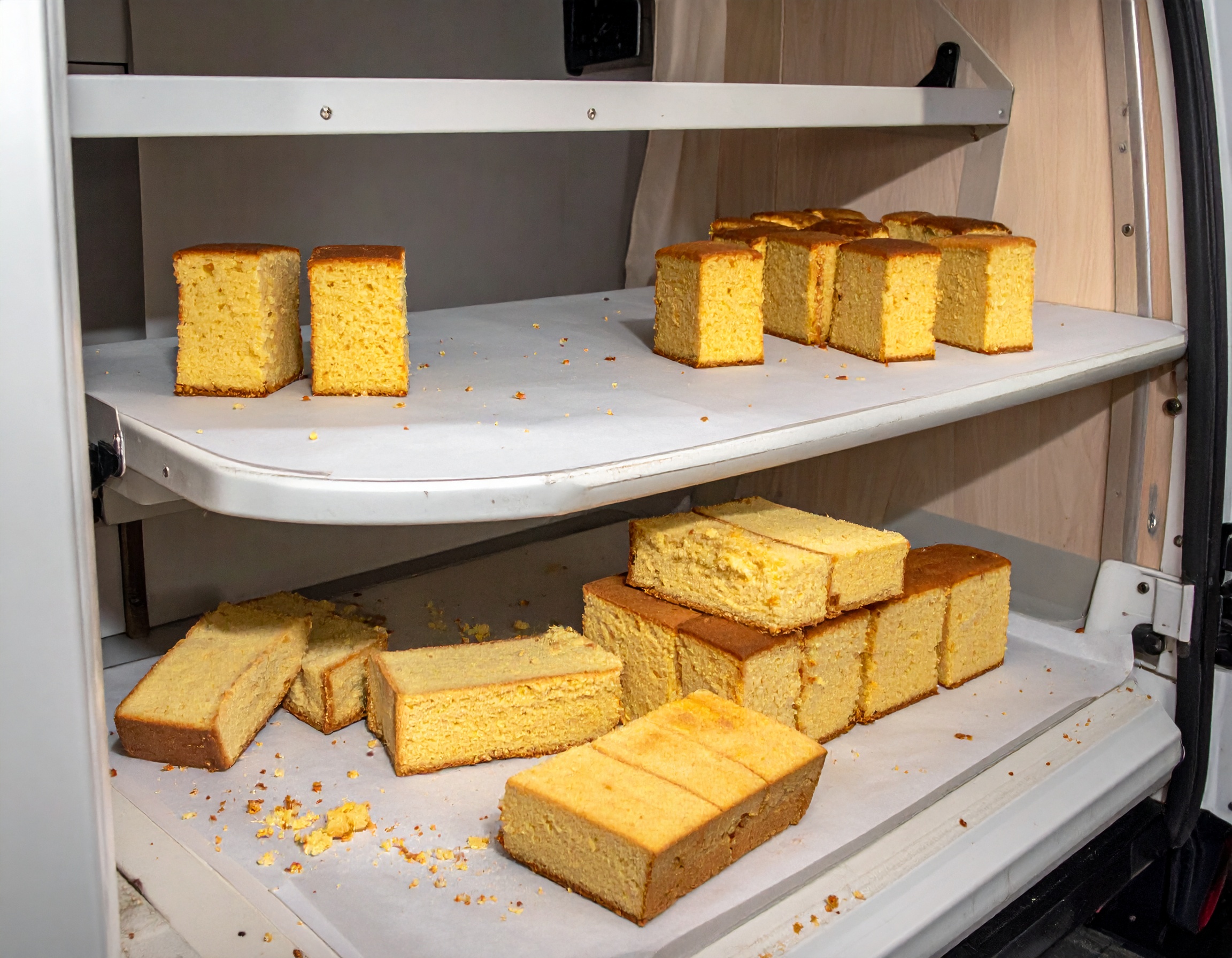 Rechthoekige stukken cake.