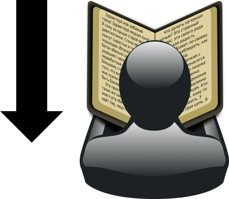 A picture of a person reading a book, with an arrow pointing down the page.
