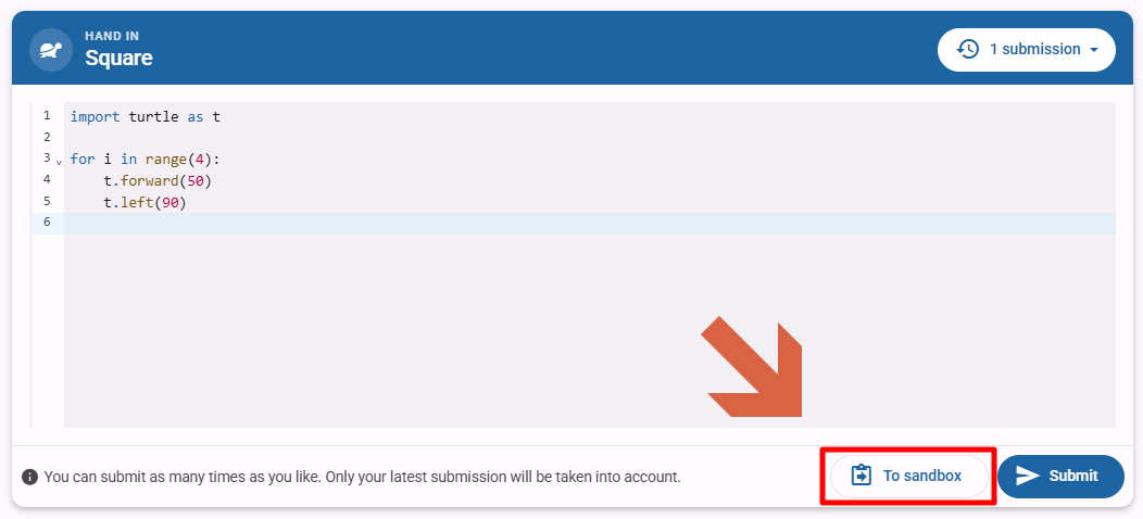 Klik op `Naar sandbox` om de sandbox omgeving te openen.