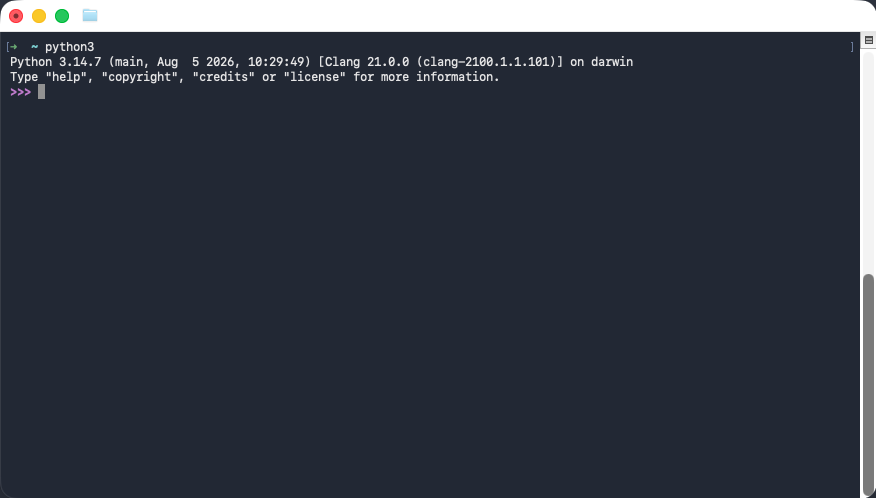 In een Terminal-venster kan je deze nieuwe versie van Python opstarten door het commando python3 uit te voeren.