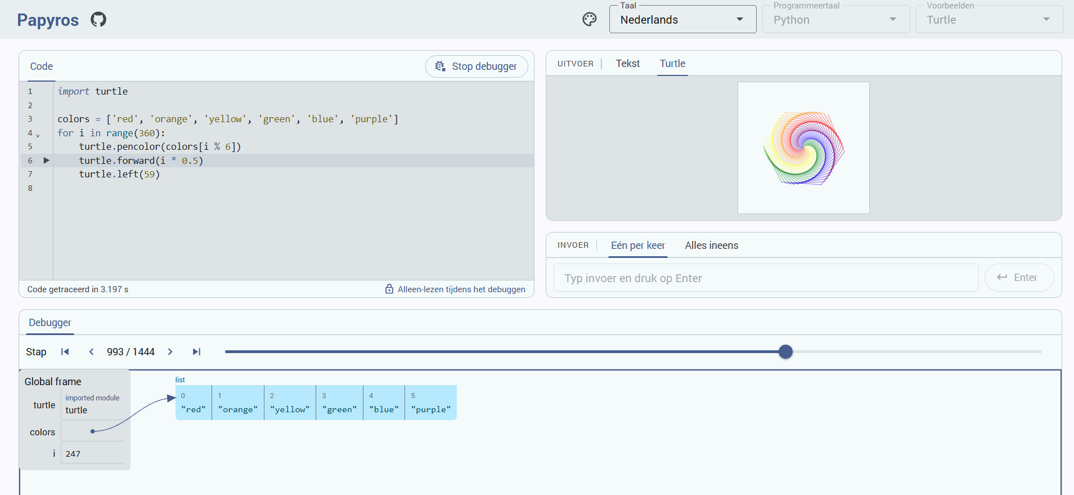 Doorloop stap voor stap je Python Turtle code op Papyros