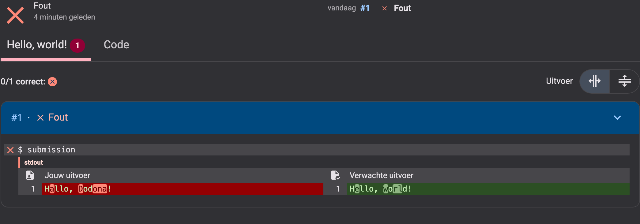 Feedback van een foute oplossing, met jouw uitvoer naast de verwachte uitvoer