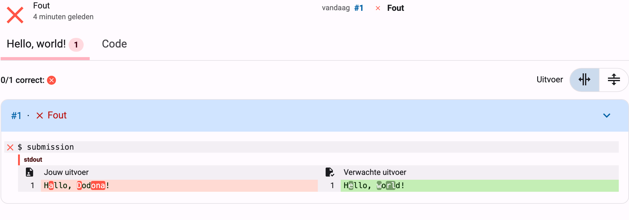 Feedback van een foute oplossing, met jouw uitvoer naast de verwachte uitvoer