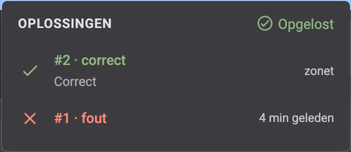 De lijst met ingediende oplossingen, met een foute en een correcte oplossing