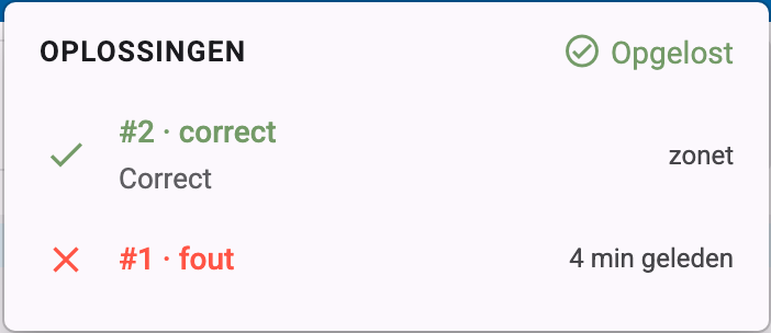 De lijst met ingediende oplossingen, met een foute en een correcte oplossing