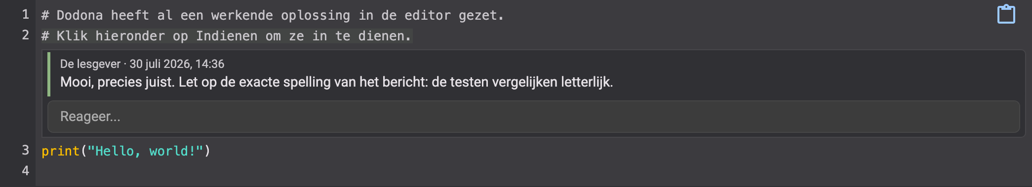 Een opmerking van de lesgever bij een regel code