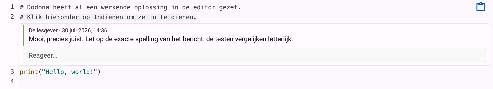 Een opmerking van de lesgever bij een regel code