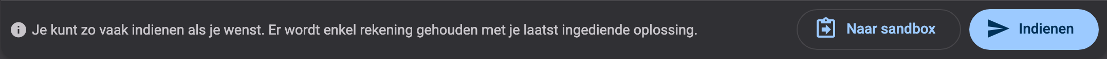 De balk onder de editor, met de knoppen Naar sandbox en Indienen