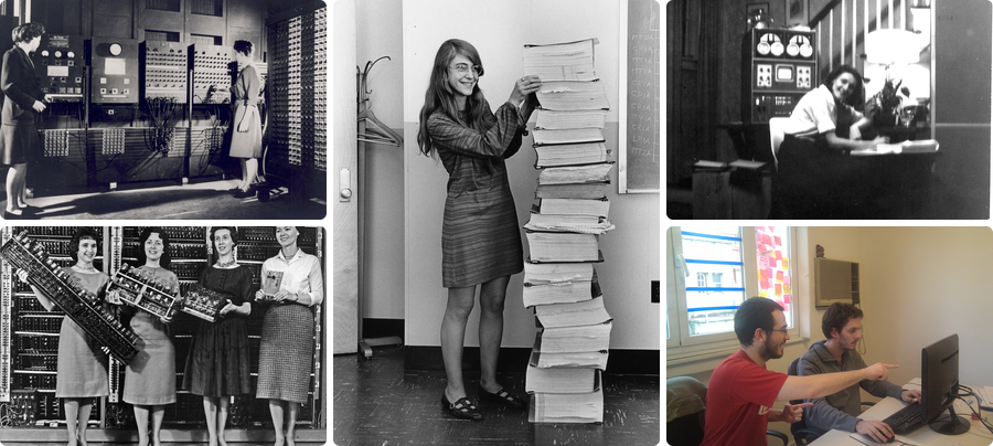 Collage of photos of programmers: early computer operators at ENIAC, Margaret Hamilton next to the Apollo guidance software printouts, Mary Allen Wilkes at her LINC computer, and two people pair programming, to show that many different people program.