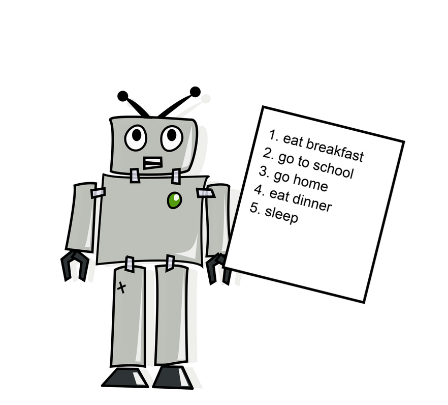 A robot holding up a sheet of paper with a numbered list of instructions: eat breakfast, go to school, go home, eat dinner, sleep.