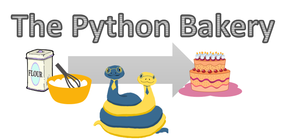 A picture of two friendly Python snakes with baking ingredients (a whisk in a bowl and a tin of flour) on their left and a finished cake on their right. The title "The Python Bakery" are above them.