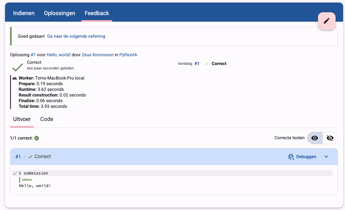 Feedbackpagina na een correcte inzending