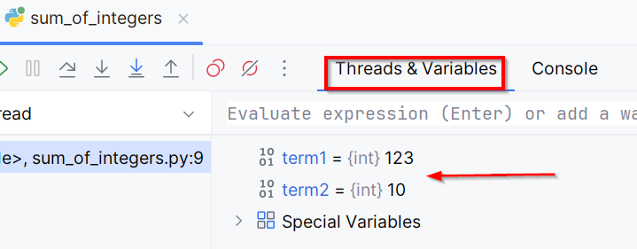 In the debugger window at the bottom of the screen, the value of variables can be inspected.
